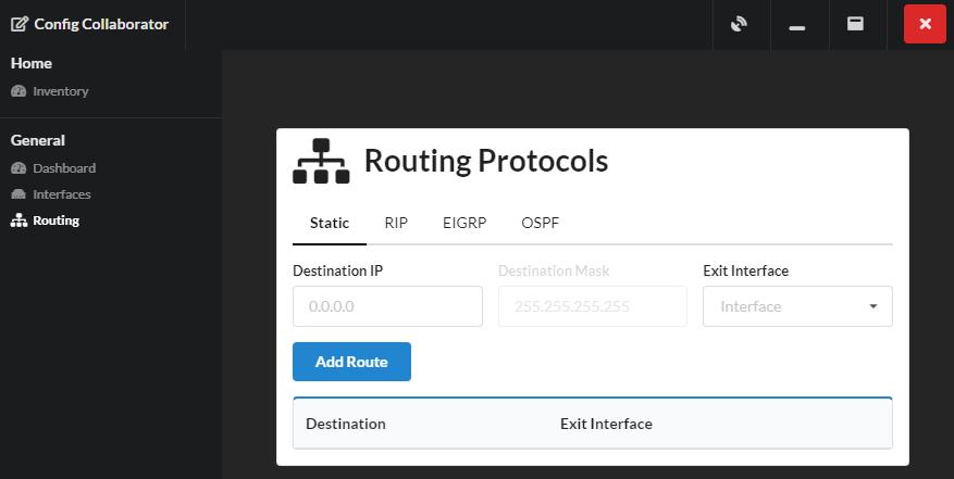 Routing configuration page