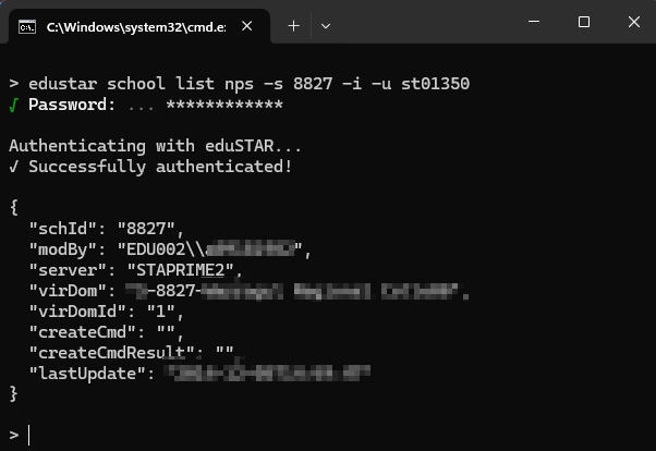 CLI showing school NPS configuration with mix of prompt and switch