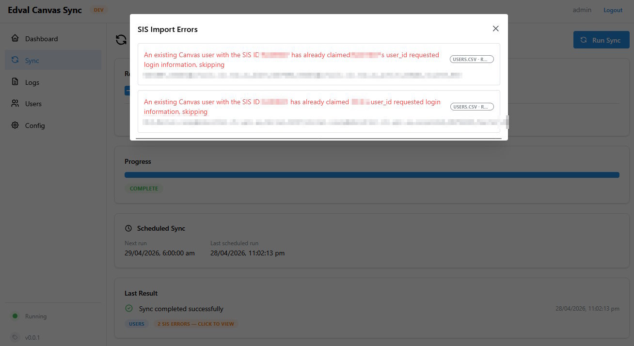 Completed sync with SIS import error details