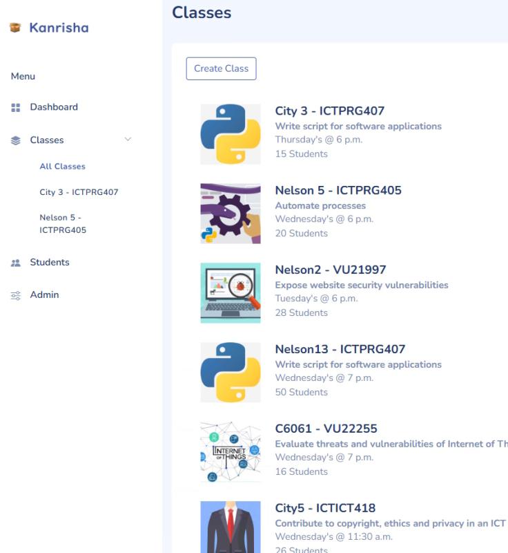 Classes management view