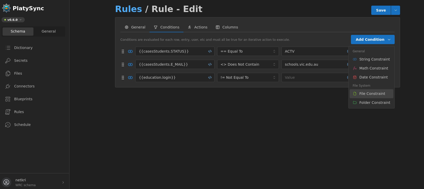 Editing rule evaluation conditions